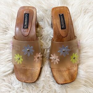 Candie’s Vintage 90s Y2K Wood Heel Slip On Mules Floral Strap Size 7